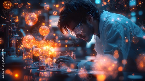 Detailed lab setup with a scientist working on a biological experiment, with imaginative, surreal elements like glowing, floating cells and abstract life forms. 3D realistic rendering captures the