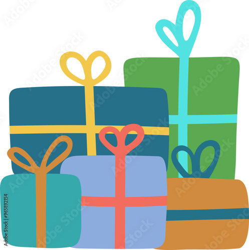 Cute gift boxes hand drawn doodle clipart. Pile of presents vector illustration isolated on transparent background