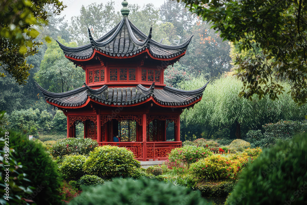 Obraz premium Traditional Chinese pagoda surrounded by lush gardens, showcasing intricate architecture and vibrant greenery. serene and peaceful atmosphere invites contemplation and appreciation of nature