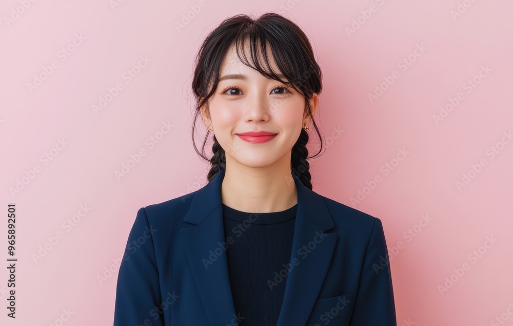 young Japanese woman in business attire stands with confidence against a pastel pink background, her posture and expression emphasizing a balance of professionalism. young Japanese woman in business attire stands with confidence against a pastel pink background, her posture and expression emphasizing a balance of professionalism.