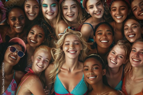 Diverse group of happy women of various races and ethnicities smiling outdoors, including Caucasian, African American, Asian, and Latina women, showcasing their unique features.