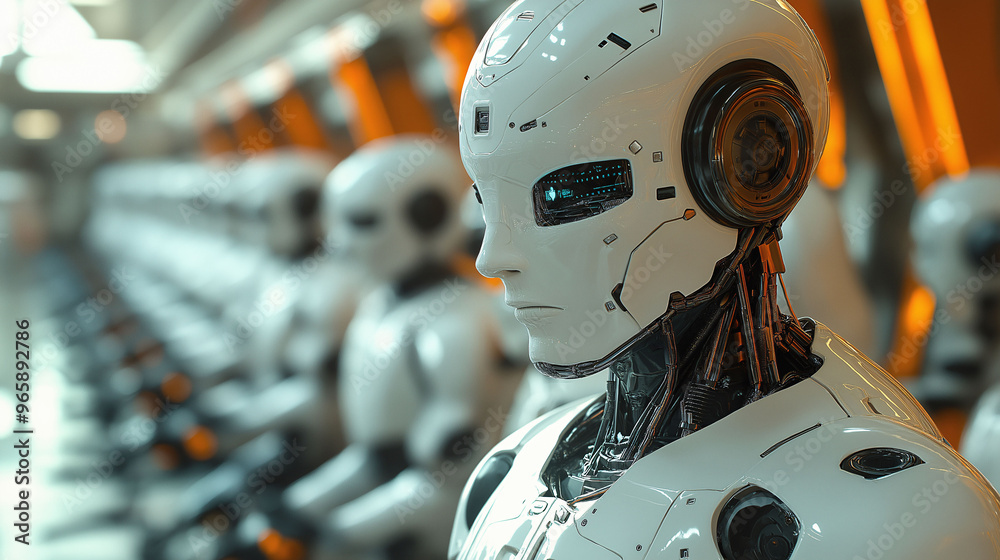 Futuristic White Robot with Black Wires and Orange Background Futuristic White Robot with Black Wires and Orange Background