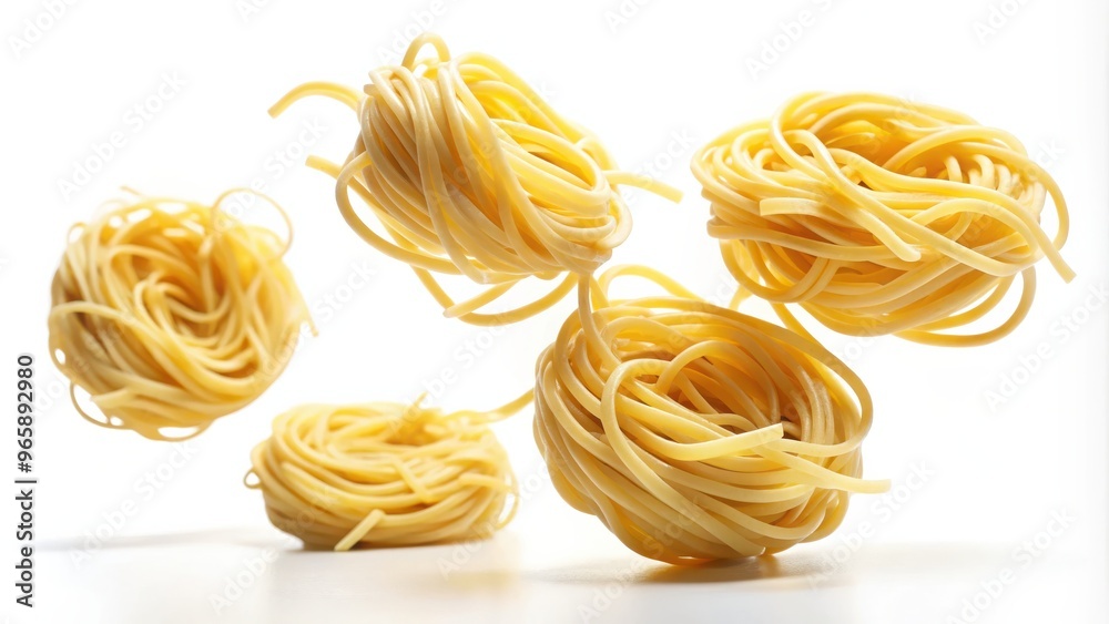 Floating Nests of Uncooked Pasta on White Background Floating Nests of Uncooked Pasta on White Background