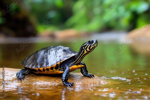 Turtle following the current of a river, letting the water carry it downstream as it drifts lazily along the surface