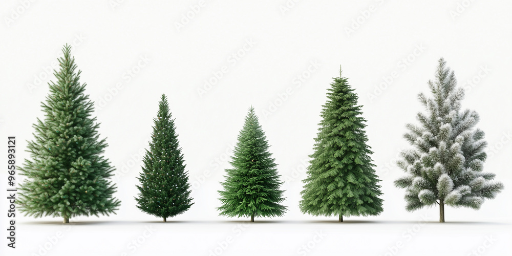 Obraz premium Realistic Christmas Trees of Different Sizes and Shapes on White Background
