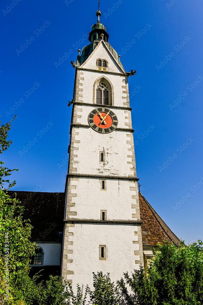 Fototapeta premium Laufenburg, Schlossberg, Kirche, St. Johann, Aussichtspunkt, Altstadt, Rhein, Rheinufer, Sommer, Schweiz