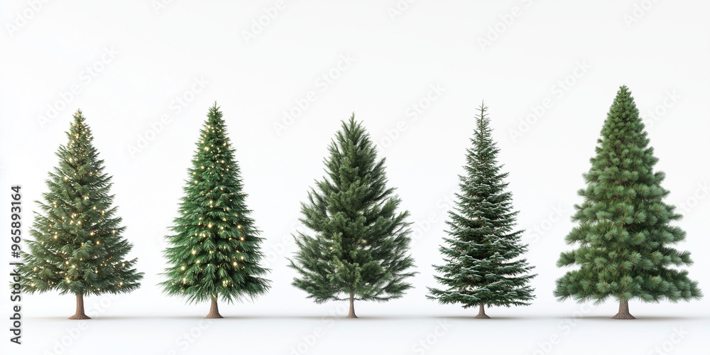 Realistic Christmas Trees of Different Sizes and Shapes on White Background Realistic Christmas Trees of Different Sizes and Shapes on White Background