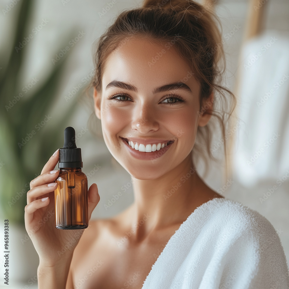 Fototapeta premium A smiling woman holding a bottle of essential oil in her hand, essential bottle mockup for advertising, Ai generated images