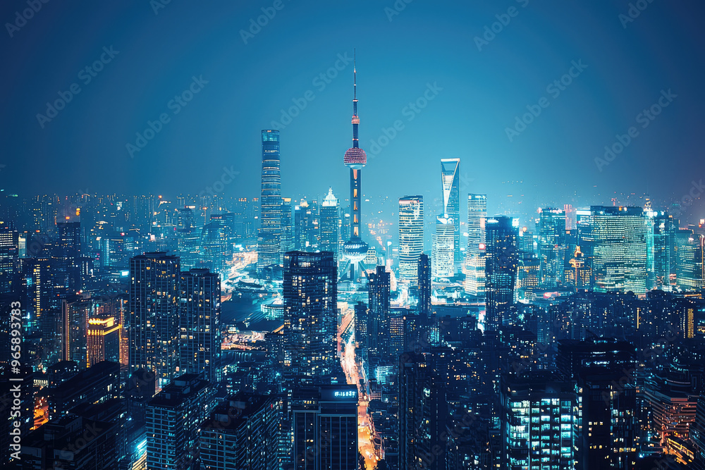 Fototapeta premium A stunning urban skyline at night featuring prominent tower, illuminated buildings, and vibrant city lights. scene captures essence of bustling metropolis