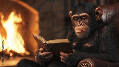 Chimpanzee sitting in a leather chair reading a book by the fireplace in a cozy living room representing intelligence and peacefulness photo