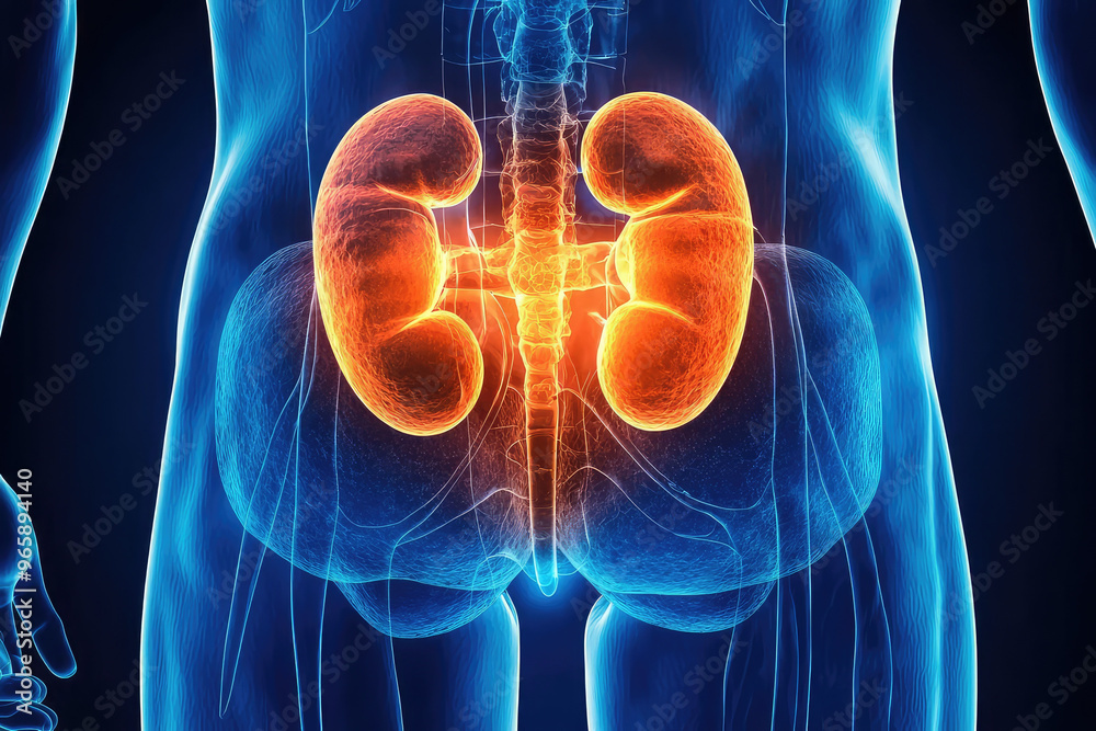 image depicts detailed illustration of human urinary system, focusing