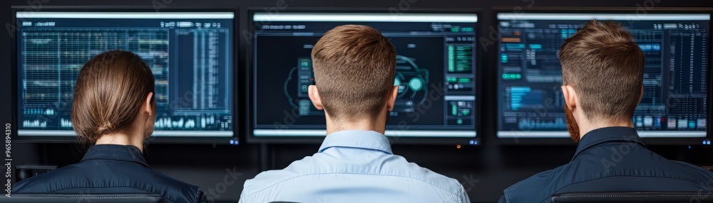 Professionals analyzing data on multiple screens in a modern workspace, focused on technology and teamwork. Professionals analyzing data on multiple screens in a modern workspace, focused on technology and teamwork.