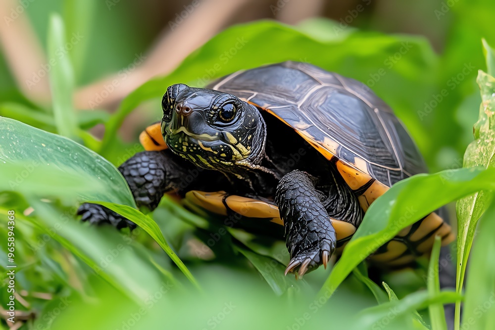 Fototapeta premium Turtle moving through the grasslands, blending in with the foliage as it slowly navigates its way home