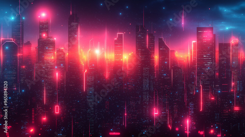 A cityscape with a bright pink sky and neon lights