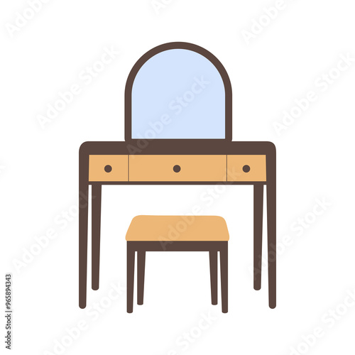 Dressing table with drawers and stool, flat vector illustation