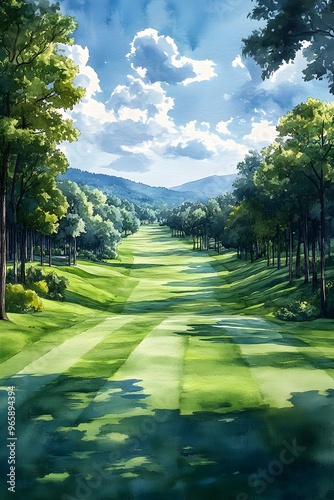 Impressionistic Watercolor Landscape of Verdant Summer Golf Course with Vibrant Fairways and Clear Skies