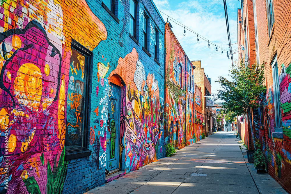 Fototapeta premium Vibrant city street featuring colorful murals and art installations, showcasing lively urban atmosphere filled with creativity and expression