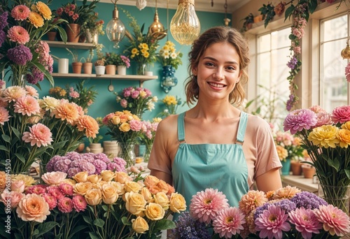 Beautiful young florist woman working in a flower shop