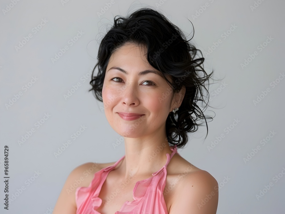 Attractive Chic Japanese Woman Wearing Pink Dress on White Background Smiling Candidly Attractive Chic Japanese Woman Wearing Pink Dress on White Background Smiling Candidly