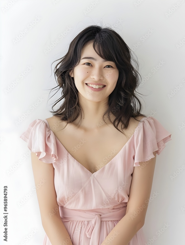 Attractive Japanese Woman in Pink Dress Smiling on White Background Attractive Japanese Woman in Pink Dress Smiling on White Background
