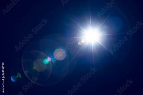 Bright sunlight shining in dark blue sky with lens flares.