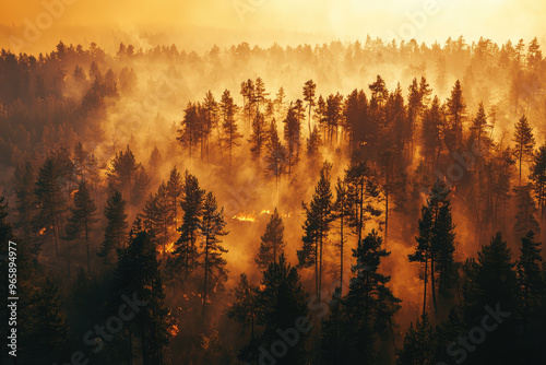 image depicts dramatic scene of wildfires causing air pollution and health concerns, with smoke rising through dense forest of tall trees under golden sky photo