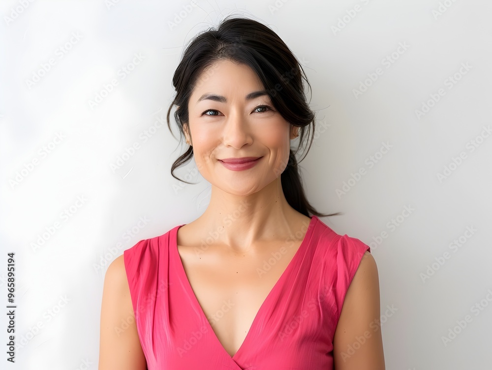 Attractive Chic Asian Woman in Pink Dress Smiling Joyfully Against White Background Attractive Chic Asian Woman in Pink Dress Smiling Joyfully Against White Background