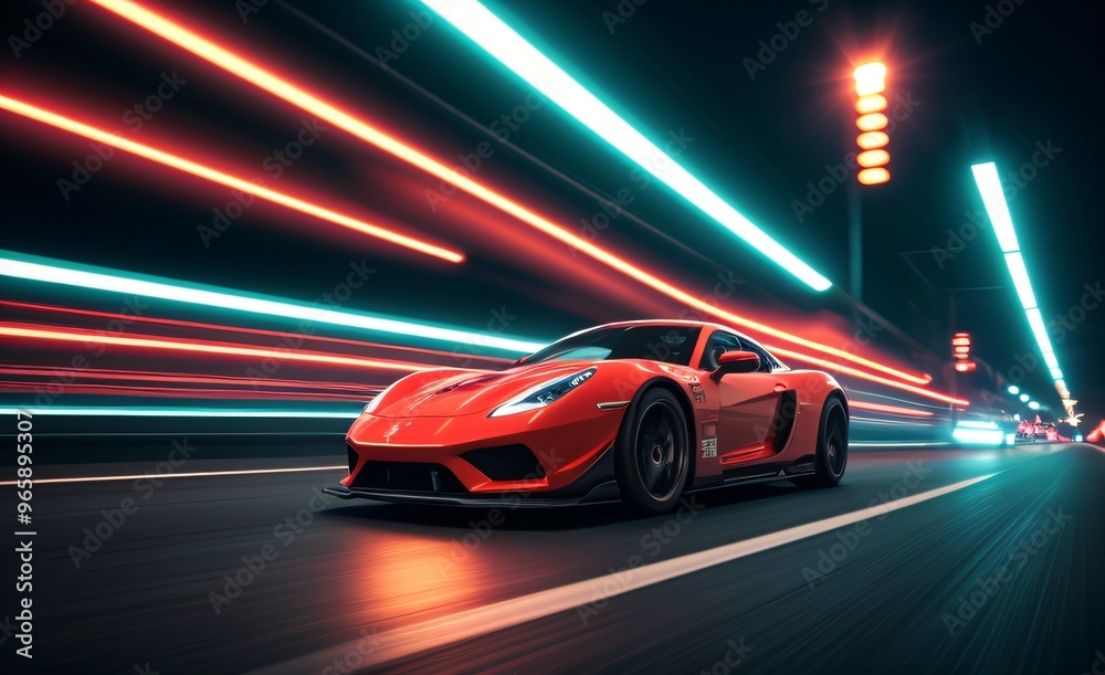High-performance sports car racing through a neon-lit city at night.. High-performance sports car racing through a neon-lit city at night..