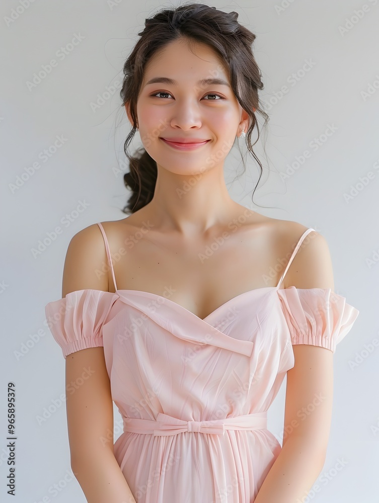 Elegant Asian Woman in Pink Dress Smiling Confidently on White Background Elegant Asian Woman in Pink Dress Smiling Confidently on White Background