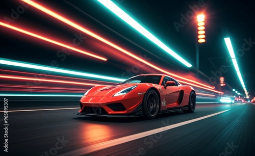 High-performance sports car racing through a neon-lit city at night..