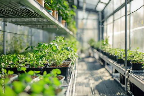 Indoor farm with diverse plant species for research, showcasing vibrant greenery and organized rows of pots. atmosphere is calm and nurturing, ideal for growth