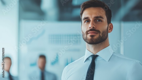 Confident businessman in suit featuring a successful workspace with charts in the background, exuding professionalism and leadership. photo