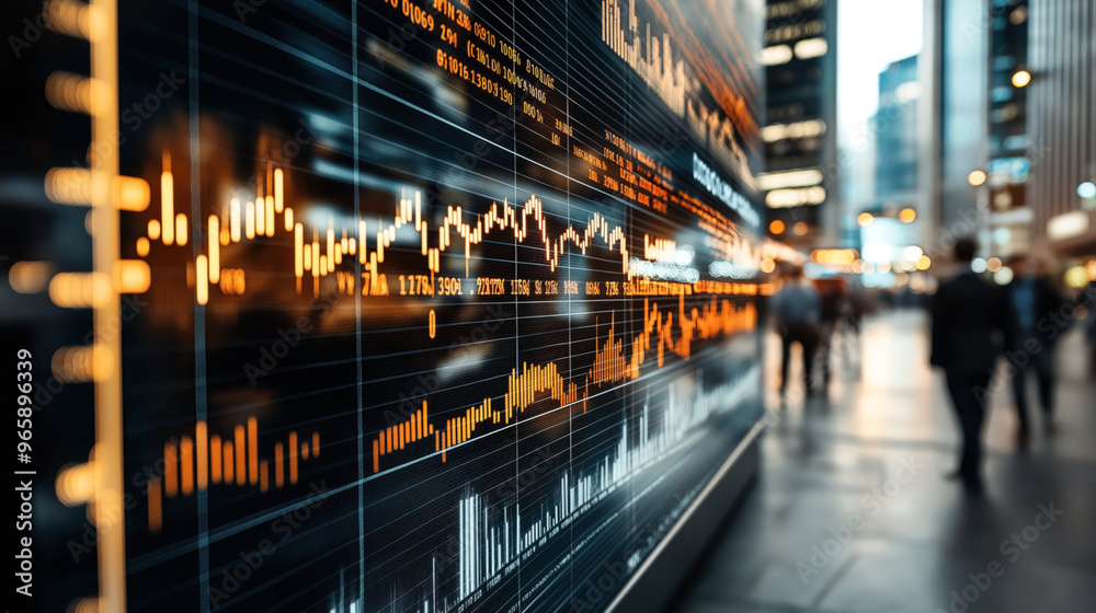 Obraz premium Close-up of a digital financial stock market chart display on a screen in an urban setting with blurred business professionals walking in the background.