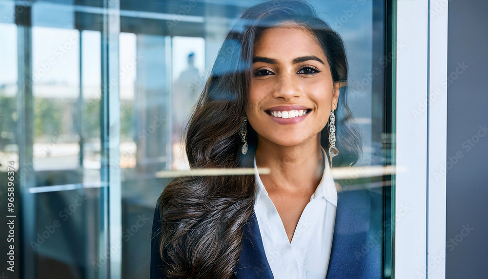 Latina Businesswoman in Reflection of Glass Door Latina Businesswoman in Reflection of Glass Door