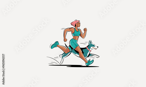 Woman running with her dog, both showing speed and energy.