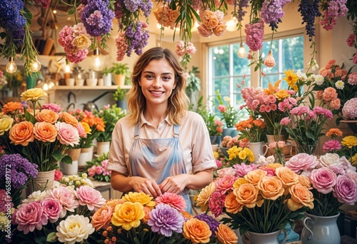 Beautiful young florist woman working in a flower shop