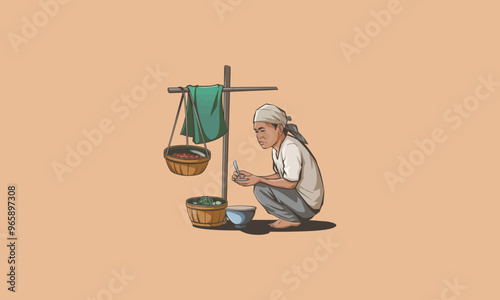 A man squatting, preparing food with traditional hanging baskets. photo