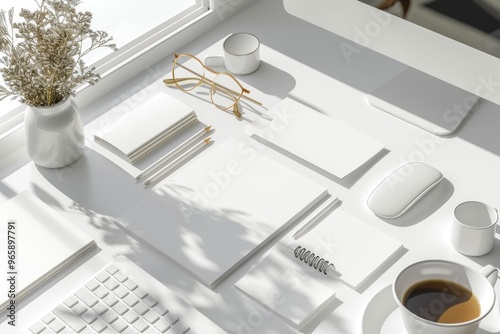 Modern Minimalist Workspace with Natural Light and Office Supplies photo