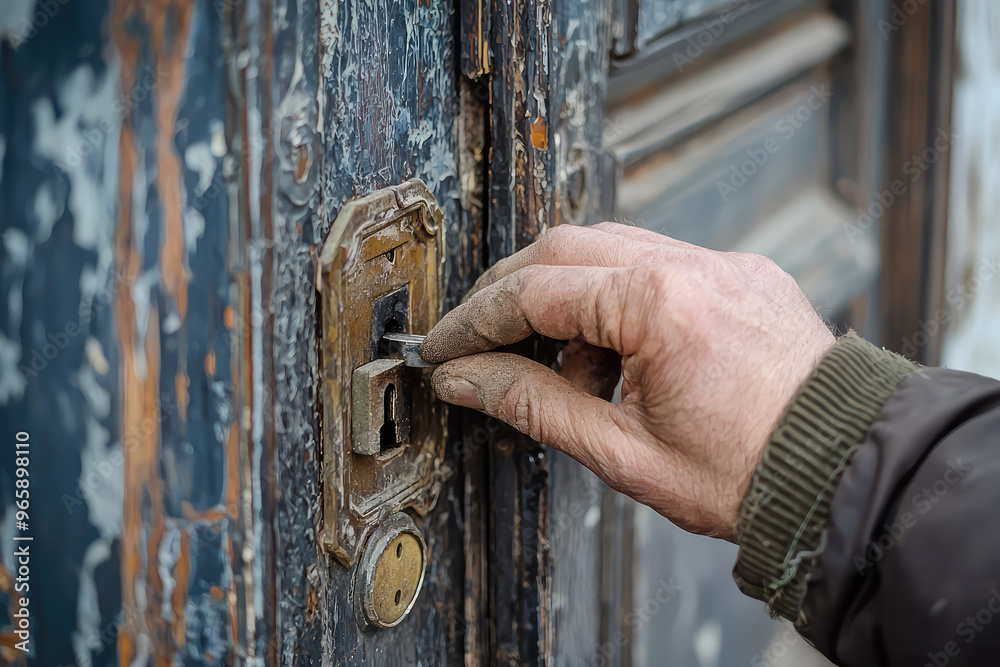 A maintenance worker is focused on repairing broken lock on weathered door, showcasing importance of upkeep and attention to detail in everyday tasks A maintenance worker is focused on repairing broken lock on weathered door, showcasing importance of upkeep and attention to detail in everyday tasks