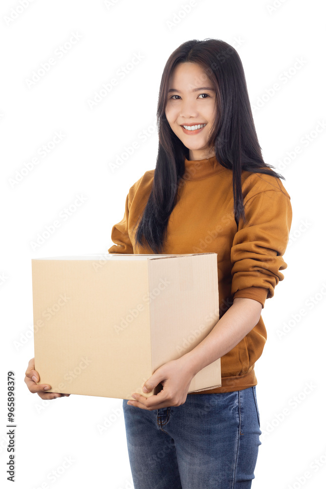 Young Asian woman holding brown cardboard boxes isolated on white background with clipping path. Lifestyle concept. Concept delivery online. Young Asian woman holding brown cardboard boxes isolated on white background with clipping path. Lifestyle concept. Concept delivery online.