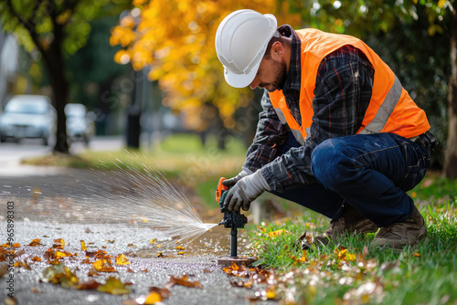 A maintenance worker is repairing broken sprinkler system, focused on task at hand. vibrant autumn leaves surround him, creating picturesque scene photo