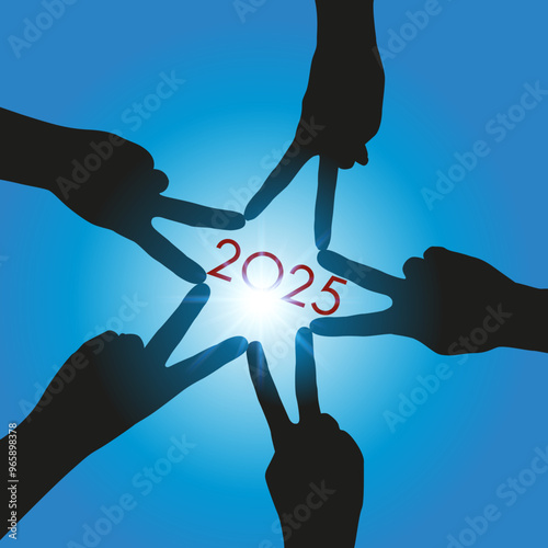 Carte de vœux 2025, avec cinq mains qui forment une étoile, symbole de l’union et du partenariat, pour réussir à atteindre les objectifs fixés de la nouvelle année.