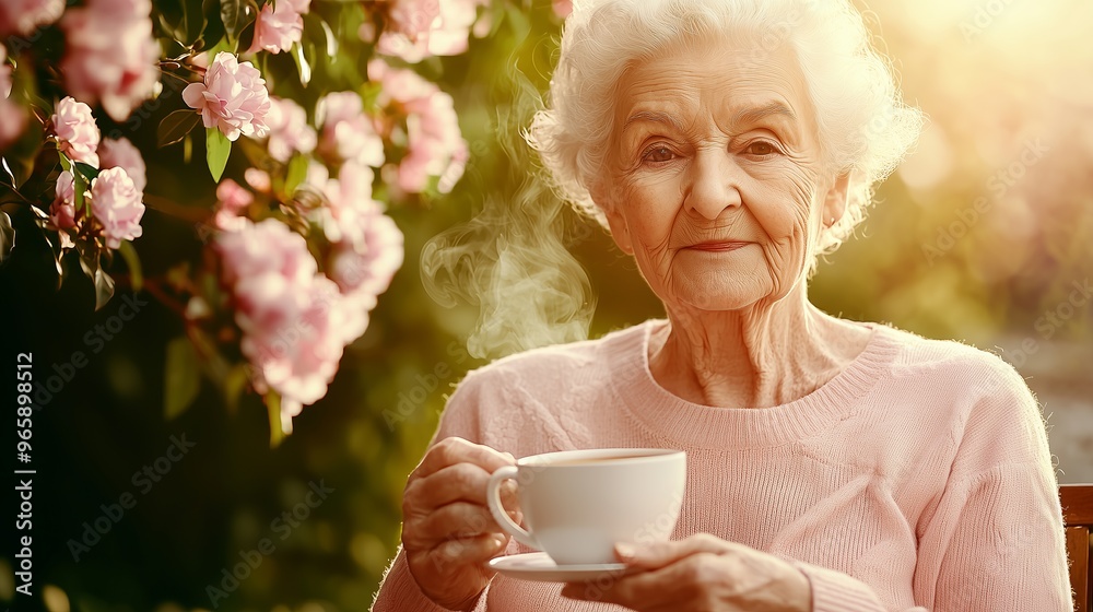 Elderly Woman Enjoying Tea in a Floral Garden Elderly Woman Enjoying Tea in a Floral Garden