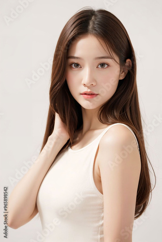 A woman with long brown hair is wearing a white tank top