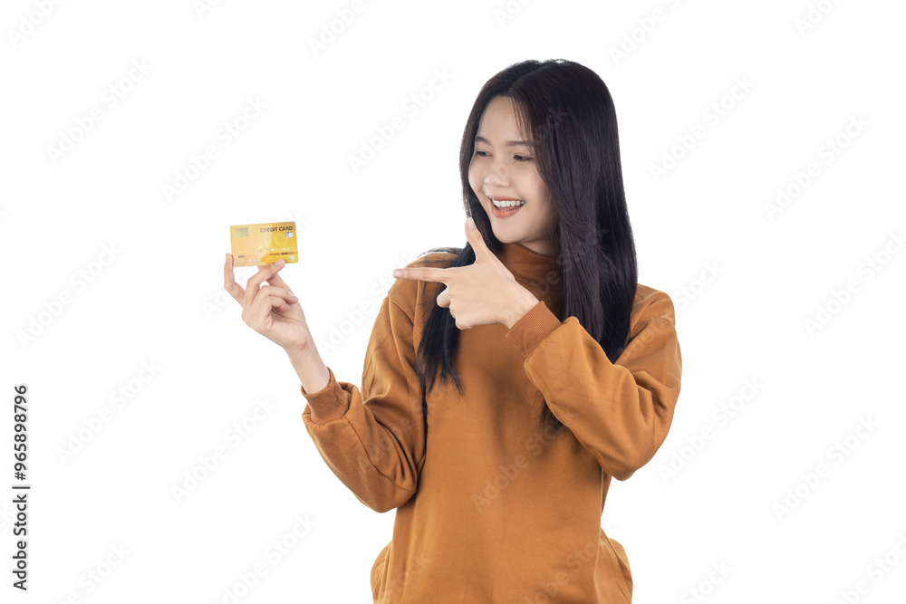 Beautiful young Asian woman smiling, showing, presenting credit card for online payment isolated on white background with clipping path. Beautiful young Asian woman smiling, showing, presenting credit card for online payment isolated on white background with clipping path.