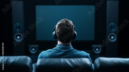 A person enjoying a movie at home, wearing headphones and immersed in the cinematic experience on a large screen.