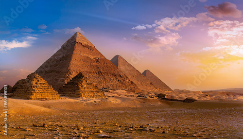 Egyptian pyramids at dusk, mystical glow on ancient stone structures. Historical monument. photo