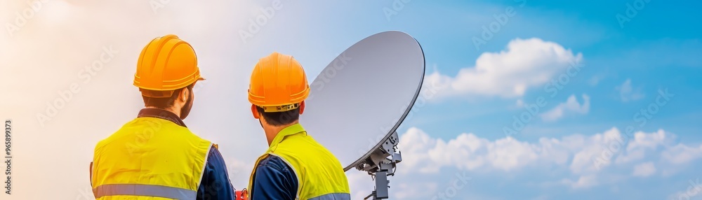Two workers in safety gear inspecting a satellite dish against a clear sky. Focus on teamwork and technology in communication.