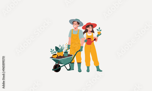 Couple gardening together, planting new plants, teamwork in farming activity.