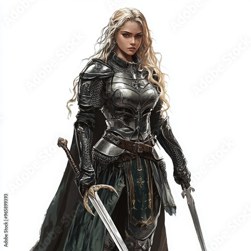 female warrior fantasy character medieval armor swords heroic figure battle scene fantasy art strong woman knight powerful stance epic adventure long hair